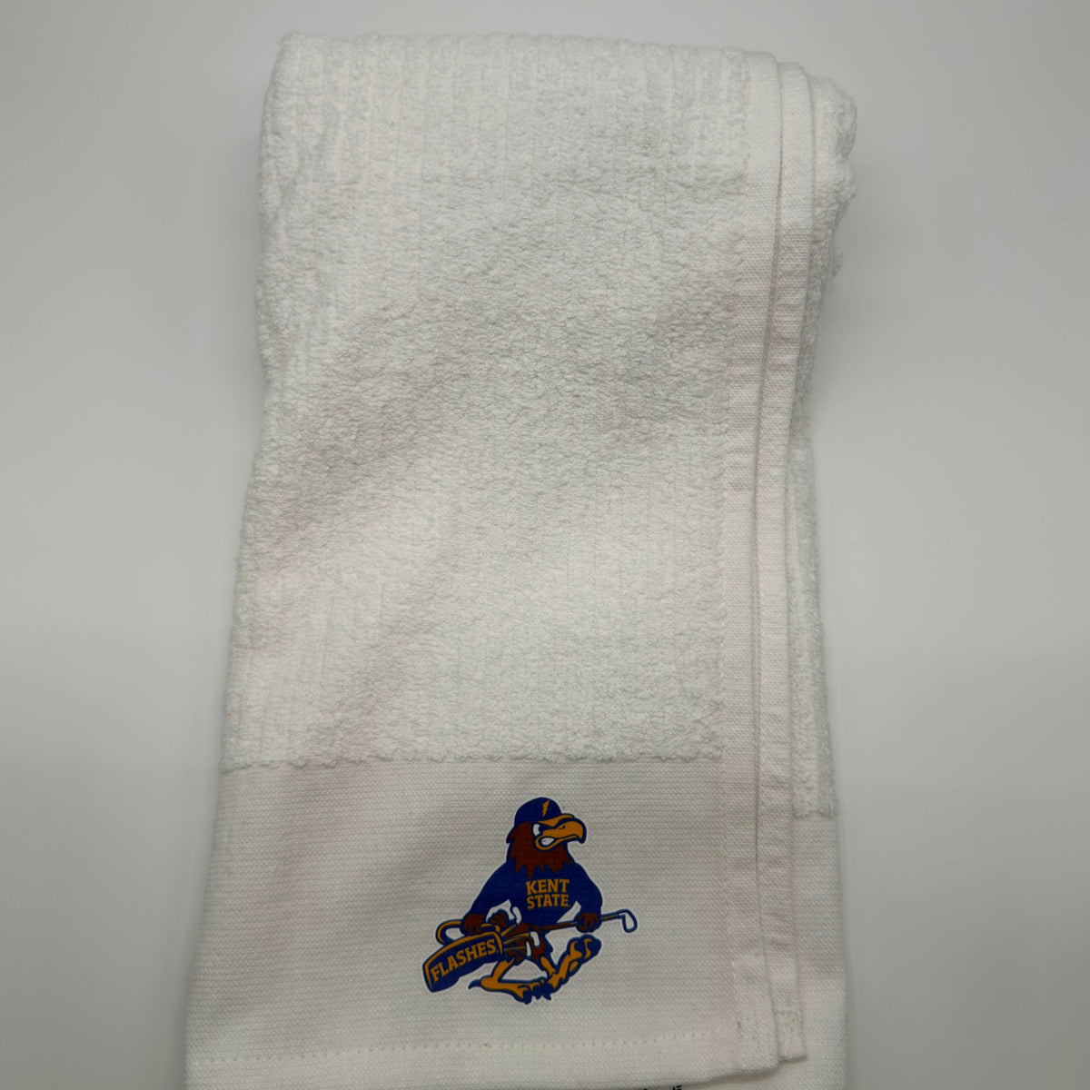 Kent State Fearless Flash Golf towel in white, mascot side